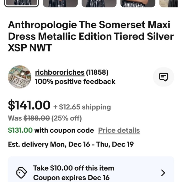 Anthropologie The Somerset Maxi Dress: Metallic Edition Tiered Silver Size S NWT - Picture 5 of 12